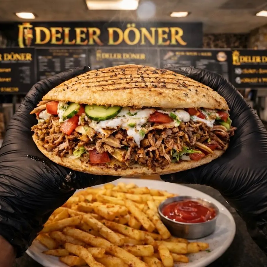 Döner im Fladenbrot mit Pommes vor der Edeler-Döner-Theke